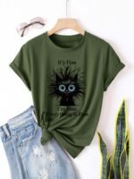 Women'S Light Blue Casual Short Sleeve T-Shirt - "It'S Fine I'M Fine Everything Is Fine" Sarcastic Cat Graphic Print, Round Neck Summer Fit, Medium Stretch Machine Washable Tee, Cat T Shirt, Everyday Apparel, Playful Design, Stretchy Fabric - Image 2