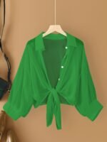 Plus Size Women'S Lightweight Semi-Sheer Chiffon Cardigan - Short Sleeve Open Front Cover-Up With Front Bow Tie Detail, Beach Cover-Up For Swimsuits, Casual Elegance All-Season Machine Washable, Seasonal Fashion | Feminine Bow Detail | Soft Drape Fabric - Image 8