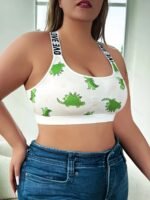 2Pcs Plus Size Wire-Free S Bras With Cute Dinosaur Print & Cut-Out Details - 95% Polyester 5% Elastane Medium Support Breathable For Workouts & Casual Wear - Image 4