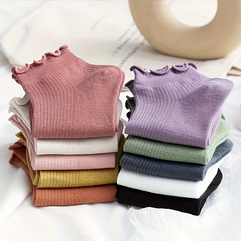product-fancy-d36690db-92ec-4ac8-be67-738654db6926.jpg 10 Pairs Women'S Lettuce Trim Ankle Socks, Comfortable Cute Versatile Polyester Blend (95% Polyester, 5% Elastane), Solid Color Knit Fabric, Machine Washable - 296 Gsm - Image 1