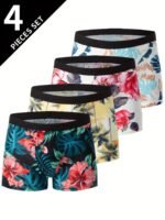 4Pcs Men'S Boxer Briefs - Breathable, Comfort Fit With Vibrant Tropical Floral & Leaf Print, Elastic Waistband, Lightweight & Stylish For Casual Attire, Comfortable Undergarment | Vibrant Print Boxers | Smooth Texture Fabric