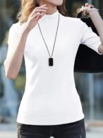 Women'S Casual Stretch T-Shirt - Vibrant Green Solid Color, Stand-Up Collar, High Elasticity, Machine Washable, All-Season Comfort Fit, Cute T Shirts, Versatile Clothing, Pearl Necklace Accent - Image 8