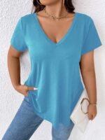 Women'S Elegant V-Neck Short Sleeve T-Shirt - Soft Stretch Fabric, Machine Washable, Solid Color Casual Top For Spring Summer Fall, Seasonal Fashion, Versatile Clothing, Nontransparent Material - Image 5