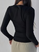 Women'S Slim-Fit Ribbed Long Sleeve Top - Solid Black Round Neck Stretch Shirt, All-Season Machine Washable Elegant Casual & Formal Wear, Versatile Clothing, Sophisticated Style, Durable Clothing, Stretchy Fabric, Everyday Outfit, Slim Fit, Comfortable Fit, Fitted Blouse, Office Women - Image 2