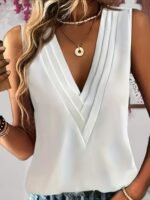 Women'S Plus Size Elegant V-Neck Sleeveless Ruched Top - Solid Color Casual Summer Shirt, Machine Washable Regular Fit For Spring/Summer Outings, Casual Attire, Durable Fabric - Image 3