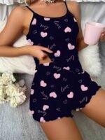 1 Set Women'S Sexy Polyester Pajama Set, Love Heart Print Spaghetti Strap Shorts, Knit Fabric Sleepwear For All Seasons, Adult Lounge Set - Image 2