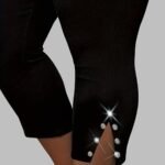 Plus Size, Plus Size High-Waisted Stretchy Rhinestone-Embellished Side Slit Capri Pants - Solid Black Casual Outdoor Leggings For Women, Spring/Summer Fashion, High Waist Pants, Spring Summer Apparel, Nontransparent Fabric, Spring Fashion, Breathable Material, Summer Wardrobe