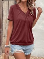 Solid Color V Neck T-Shirt, Casual Short Sleeve T-Shirt For Spring & Summer, Women'S Clothing - Image 5