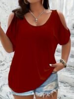 Women'S Elegant Off-Shoulder Round Neck T-Shirt - Soft Stretchy Fabric, Solid Color Summer Casual & Formal Wear, Hand Wash Only, Everyday Comfort Tee, Elegant Shirt, Comfortable Fit Shirt - Image 2