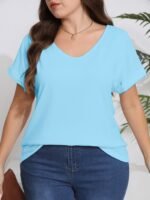 Plus Size, Plus Size Women'S Elegant V-Neck T-Shirt - Soft Semi-Sheer Fabric, Vibrant Red, Machine Washable, Spring Summer Fall Casual Top, Ladies T Shirts, Seasonal Fashion, Sophisticated Casual, Comfortable Fit - Image 9