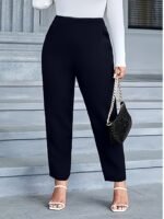 Women'S Plus Size Straight-Leg Pants - Stretchy Comfort Fit, Solid Black, All-Season Elegant Trousers For Casual & Professional Wear, Middle Eastern-Inspired Design