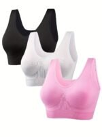 3Pcs Women'S Plus Size Black Sports Bras - Wireless, Padded, Full Coverage, Nylon Blend, Medium Support For Running, Yoga & Workouts, Yoga Apparel | Sleek Design | Comfort Fit, Workout Accessories - Image 2