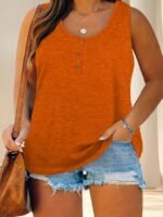 Women'S Plus Size Casual Tank Top With Button Detail - Sleeveless, Solid Color, Stretchy Fabric, Crew Neck, Oversized Fit For Summer Outings, Comfortable Clothing | Relaxed Fit Top | Medium Stretch Materia - Image 3