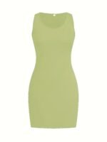 Women'S Slim-Fit Sleeveless Tank Dress - Solid Color Green, Ruched Detail, Knee-Length, Casual & Elegant For Beach, Vacation, Or Summer Outings, Beach Dresses, Vacation Attire, Ruched Texture, Nonpadding Design - Image 9
