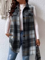 Plus Size Plaid Pattern Button Front Vest, Casual Sleeveless Flap Detail Gilet Jacket For Fall & Spring, Women'S Plus Size Clothing - Image 6