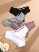 4Pcs Women'S Lingerie Briefs With Lace Trim - Sexy Ribbed Design, Solid Colors (White, Pink, Gray, Black), Soft & Comfortable Underwear For Casual Attire, Lingerie Sets, Comfortable Underwear, Elegant Underwear, Soft Fabric Underwear