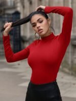 Slim Mock Neck Plain Color T-Shirt, Casual Long Sleeve Top For Spring & Fall, Women'S Clothing - Image 2