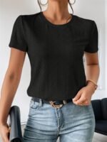 Eyelet Crew Neck T-Shirt, Casual Short Sleeve Top For Spring & Summer, Women'S Clothing - Image 4