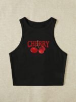 Women'S Elegant Cropped Graphic Tank Top - Cherry Print Semi-Sheer Stretchy, Round Neck Sleeveless Shirt, Machine Washable All-Season Casual Top, Ladies Tank Tops, Playful Summer Wear - Image 9