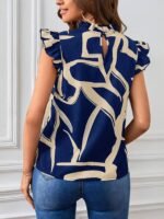 Elegant Women'S Abstract Print Stand Collar Blouse With Ruffle Sleeves - Short Sleeve, Polyester, Machine Washable, Dark Blue & Beige Design, Perfect For Summer Casual Wear, Stylish Office Attire | Ruffle Sleeve Top | Polyester Blouse, Ladies Blouses - Image 2