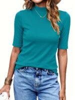 Women'S High-Neck Half-Sleeve Turtleneck T-Shirt - Stretchy Slim Fit Casual Top, Solid Black, Machine Washable For Spring/Fall Layering, Casual Attire Top, Versatile Fashion Top, Stretchy Fabric Top - Image 9