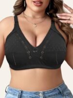 Women'S Plus Size Sexy Wireless Bra With Bowknot, 95% Nylon 5% Elastane Knit Fabric, Breathable Full Coverage Bralette For All Seasons