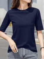 Women'S Elegant Solid Color Crew Neck T-Shirt, Short Sleeve Casual Summer Top, Lightweight Polyester Fabric, Regular Length, No Stretch, For Casual Attire - Image 4