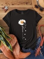 Faith Letter & Flower Print T-Shirt, Casual Short Sleeve Crew Neck Top, Women'S Clothing, Valentine'S Day - Image 3