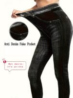 Plus Size - Women'S High-Waisted Stretch Denim Print Leggings - Purple & White Striped Design, Comfortable All-Season Casual Wear, Perfect For & Casual Attire, High Waisted Leggings - Image 2