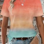 Gradient Crew Neck T-Shirt, Short Sleeve Casual Top For Spring & Summer, Women'S Clothing