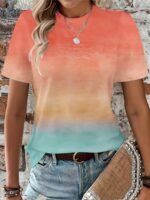 Gradient Crew Neck T-Shirt, Short Sleeve Casual Top For Spring & Summer, Women'S Clothing