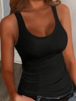Women'S Elegant U-Neck Cami Top - Black, Stretchy Polyester Blend, Sleeveless, Machine Washable, Form-Fitting, All-Season Wear, Casual Layering Piece | Formfitting Design | Plain Weave Top - Image 3