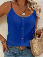 Women'S Sleeveless Button-Up Crop Top - Textured Ribbed Fabric, Beige, Spaghetti Strap Design, Perfect For Spring/Summer/Fall, Casual Wear|Sleek Crop Top|Textured Fabric - Image 9