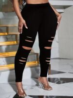 Plus Size Solid Cut Out Skinny Leggings, Casual Every Day Stretchy Leggings, Women'S Plus Size?Clothing