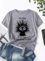 Women'S Light Blue Casual Short Sleeve T-Shirt - "It'S Fine I'M Fine Everything Is Fine" Sarcastic Cat Graphic Print, Round Neck Summer Fit, Medium Stretch Machine Washable Tee, Cat T Shirt, Everyday Apparel, Playful Design, Stretchy Fabric - Image 5