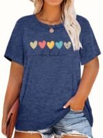 Plus Size Casual T-Shirt, Women'S Plus Heart & Slogan Print Short Sleeve Round Neck Medium Stretch T-Shirt - Image 3