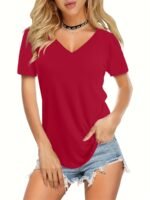 Solid Color Casual Short Sleeve T-Shirt, V-Neck Running Sports Tee, Women'S Activewear - Image 7