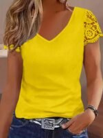 Women'S Soft Pink V-Neck T-Shirt - Elegant Lace Trim Blouse, Machine Washable Everyday & Formal Tops For Women, Versatile Top, Feminine Style, Breathable Top, Stylish Top, Summer Wardrobe - Image 3