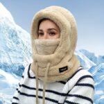 Women'S Plush Winter Mask Hat & Scarf - One-Piece Face Cover With Adjustable Drawstring, Elastic Face For Skiing, Cycling, Outdoor Sports - Lightweight Warm Beige/White Hooded Neck Warmer (Hand Wash Only) - Image 10