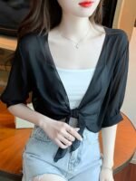 An Elegant Front-Button Sheer Shirt With A Shawl Design. - Image 7