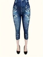 Plus Size Floral Print Capri Leggings, Casual Faux Denim Stretchy Leggings For Spring & Summer, Women'S Plus Size Clothing - Image 3