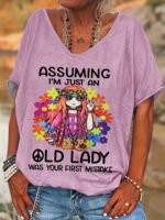 Women'S Casual Loose Fit V-Neck Short Sleeve T-Shirt - Vibrant Green Print With "Assuming I'M Just An Old Lady" Slogan & Floral Fashion Glasses Design, Medium Stretch Machine Washable Top For Spring Summer Fall, Ladies T Shirts, Relaxed Weekend Outfit, Playful Statement Shirt, Comfortable Stretch Fabric, Fun Statement Wear - Image 8