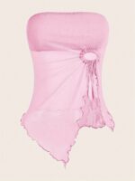 Y2K Asymmetrical Hem Strapless Top With Ruched Detail & Side Tassel - High Elasticity Burgundy Solid Color Women'S Fashion Top For All Seasons, Casual Outfit, Trendy Style, Soft Material, Stylish Blouse, Women - Image 4