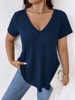Women'S Elegant V-Neck Short Sleeve T-Shirt - Soft Stretch Fabric, Machine Washable, Solid Color Casual Top For Spring Summer Fall, Seasonal Fashion, Versatile Clothing, Nontransparent Material - Image 10