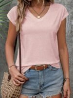 Solid Color V Neck T-Shirt, Casual Short Sleeve T-Shirt For Spring & Summer, Women'S Clothing - Image 4