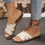 Women'S Summer Fashion Slip-On Flat Monogram Sandals, Solid Color Minimalist Open Toe Slides, All-Season Comfort, Man-Made Upper/Inner/Rubber Sole, Casual Outdoor Footwear - Image 2