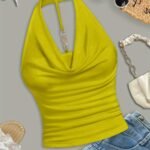 Women'S Sexy Halter Neck Sleeveless Top - Semi-Sheer Stretchy Slim Fit Backless Shirt, Vibrant Yellow Solid Color, Machine Washable For Casual & Evening Outfits, Evening Wear, Backless Design, Sensual Apparel, Semitransparent Material