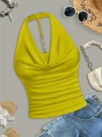 Women'S Sexy Halter Neck Sleeveless Top - Semi-Sheer Stretchy Slim Fit Backless Shirt, Vibrant Yellow Solid Color, Machine Washable For Casual & Evening Outfits, Evening Wear, Backless Design, Sensual Apparel, Semitransparent Material