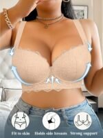 Plus Size Women'S Elegant Contrast Lace Underwire Bra - Anti-Sagging Comfort Fit, Medium Support Steel Boning & Non-Detachable Padded Cups, Solid Black For Everyday & Special Occasions, Special Occasion Lingerie | Pearl Charm Bra | Adjustable Straps - Image 2