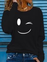 Women'S Casual Long Sleeve Crew Neck Graphic Print T-Shirt - Playful Joyful Face Design, Slim Fit, Soft Breathable Fabric For Spring & Fall, Versatile Everyday Top, Ladies T Shirts, Wink Motif Apparel, Highquality - Image 3